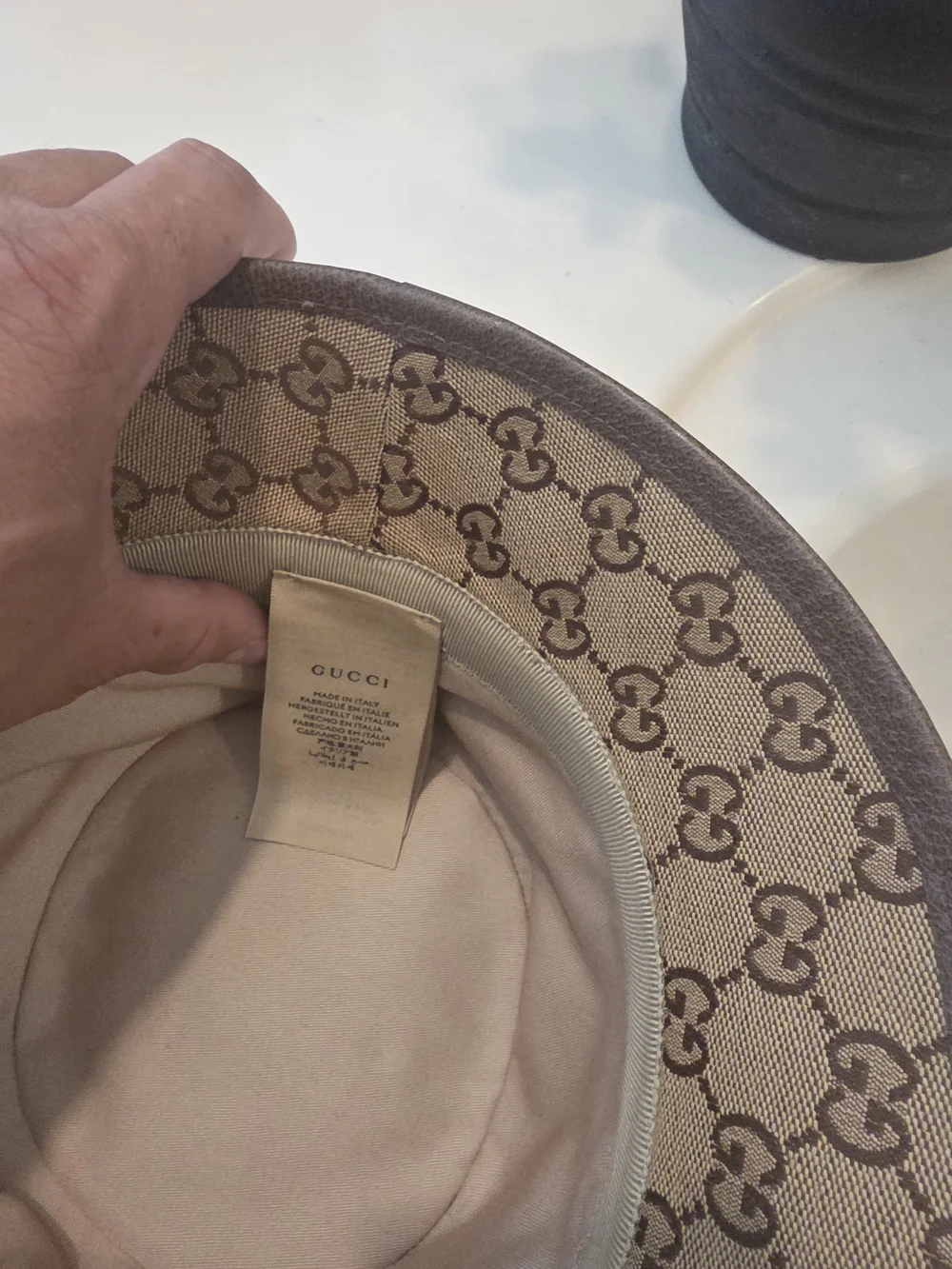 Gucci Beige Brown Monogram Canvas Bucket Hat with Gold Double G